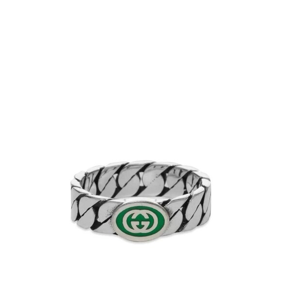 NEW GUCCI INTERLOCKING RING SILVER GG LOGO GREEN Chain Sz 20 IT 9 US Enamel - Picture 1 of 6